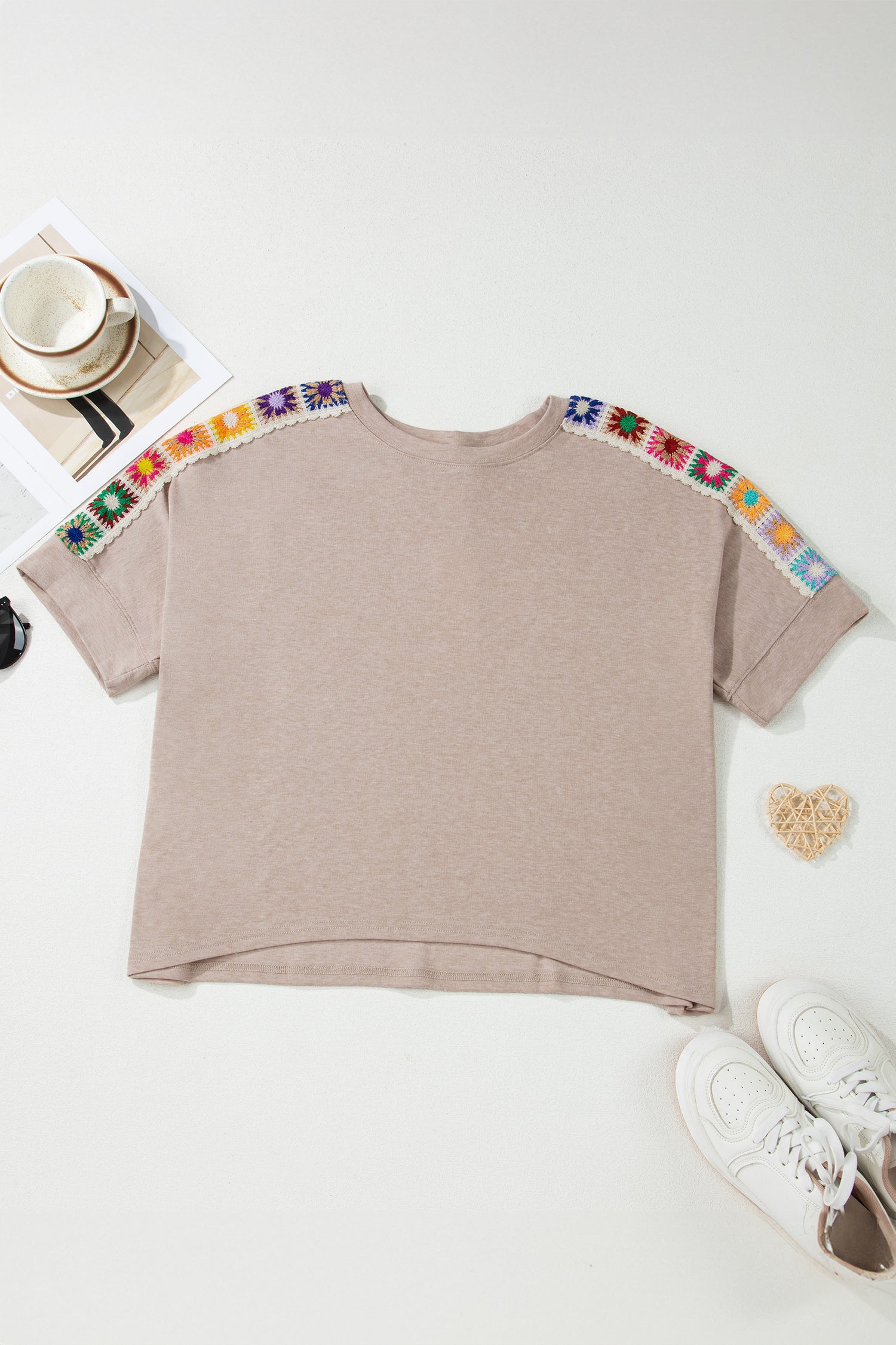 Parchment Granny Square Crochet Detail Loose T Shirt