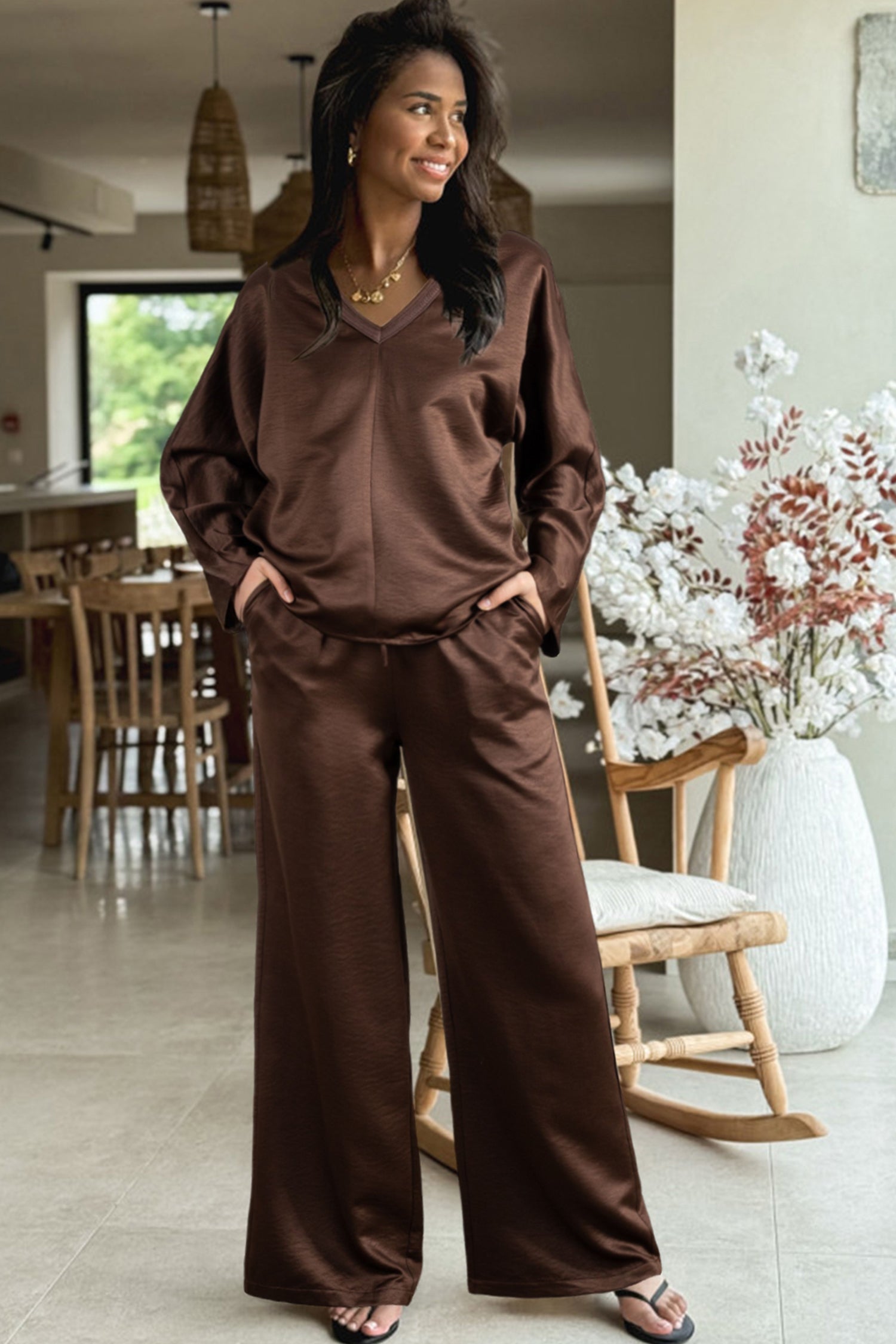 Dark Brown Braided V Neck Long Sleeve Loose Top and Drawstring High Waist Pants 2pcs Outfit