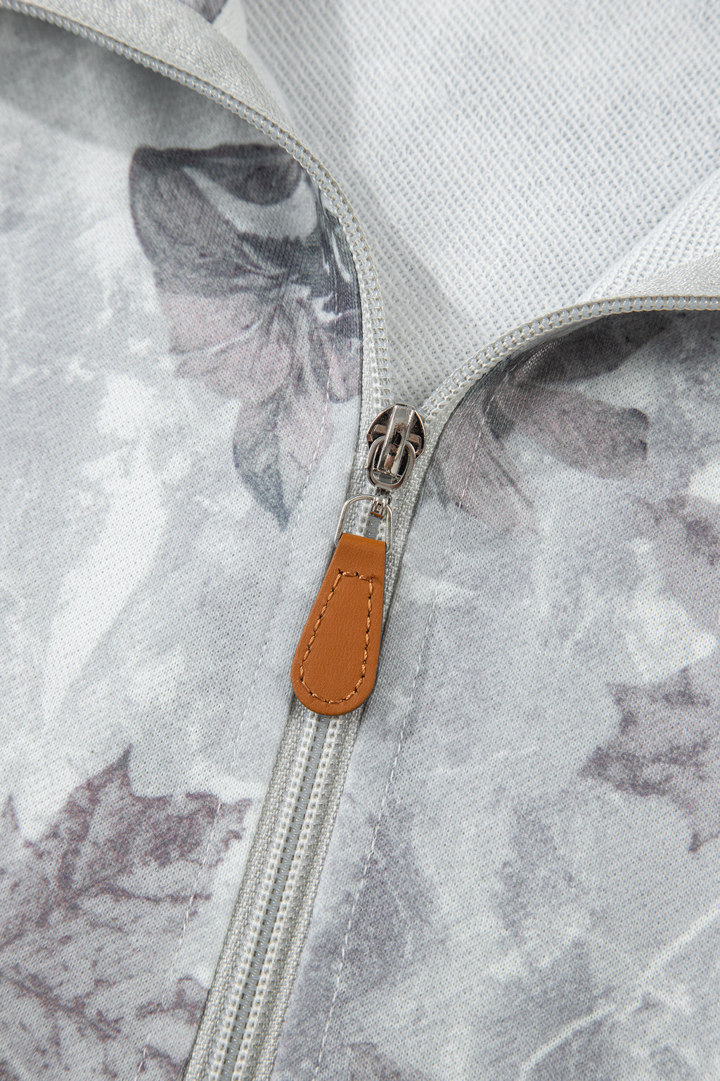 Gray Camo Leaf Print Kangaroo Pocket Quarter Zip Hoodie