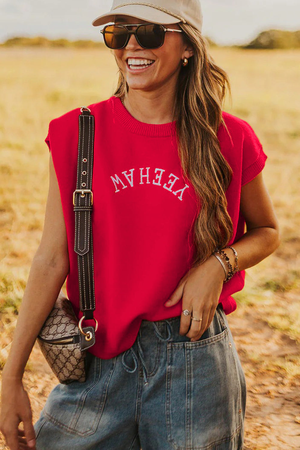 Fiery Red YEEHAW Embroidered Letter Loose Short Sleeve Sweater