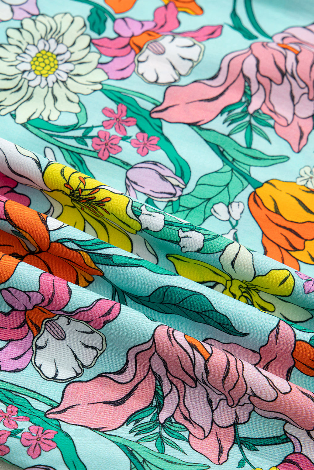 Sky Blue Floral Print Split Neck Button Front Flutter Sleeve Blouse