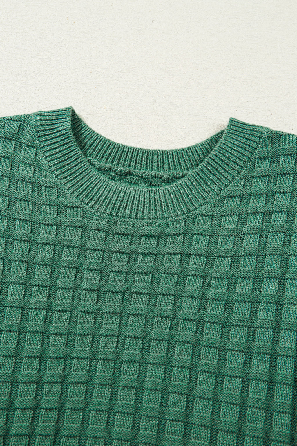 Mist Green Solid Color Round Neck Textured Short Sleeve Sweater