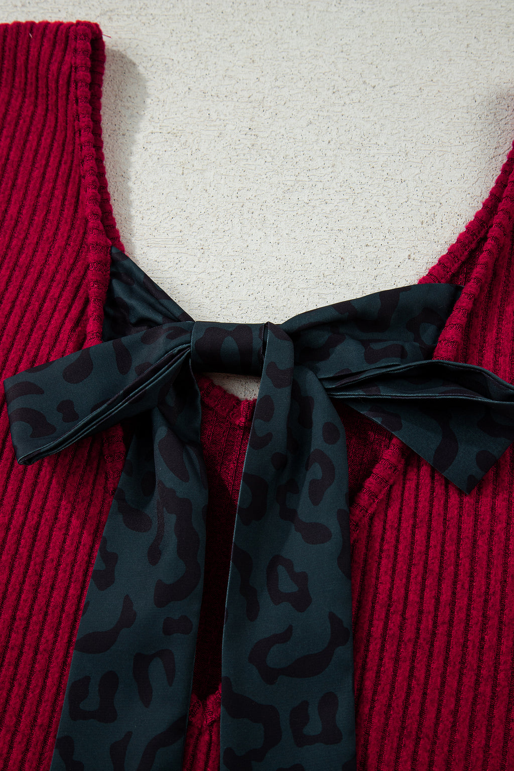 Simply Taupe Ribbed V Neck Contrast Ribbon Bow Back Drop Shoulder Long Sleeve Top