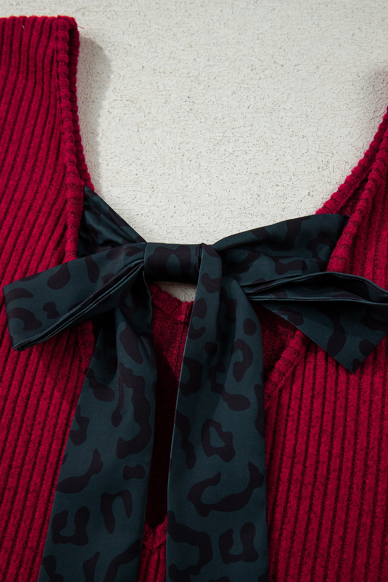 Simply Taupe Ribbed V Neck Contrast Ribbon Bow Back Drop Shoulder Long Sleeve Top