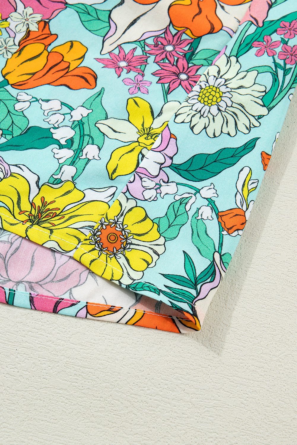 Sky Blue Floral Print Split Neck Button Front Flutter Sleeve Blouse