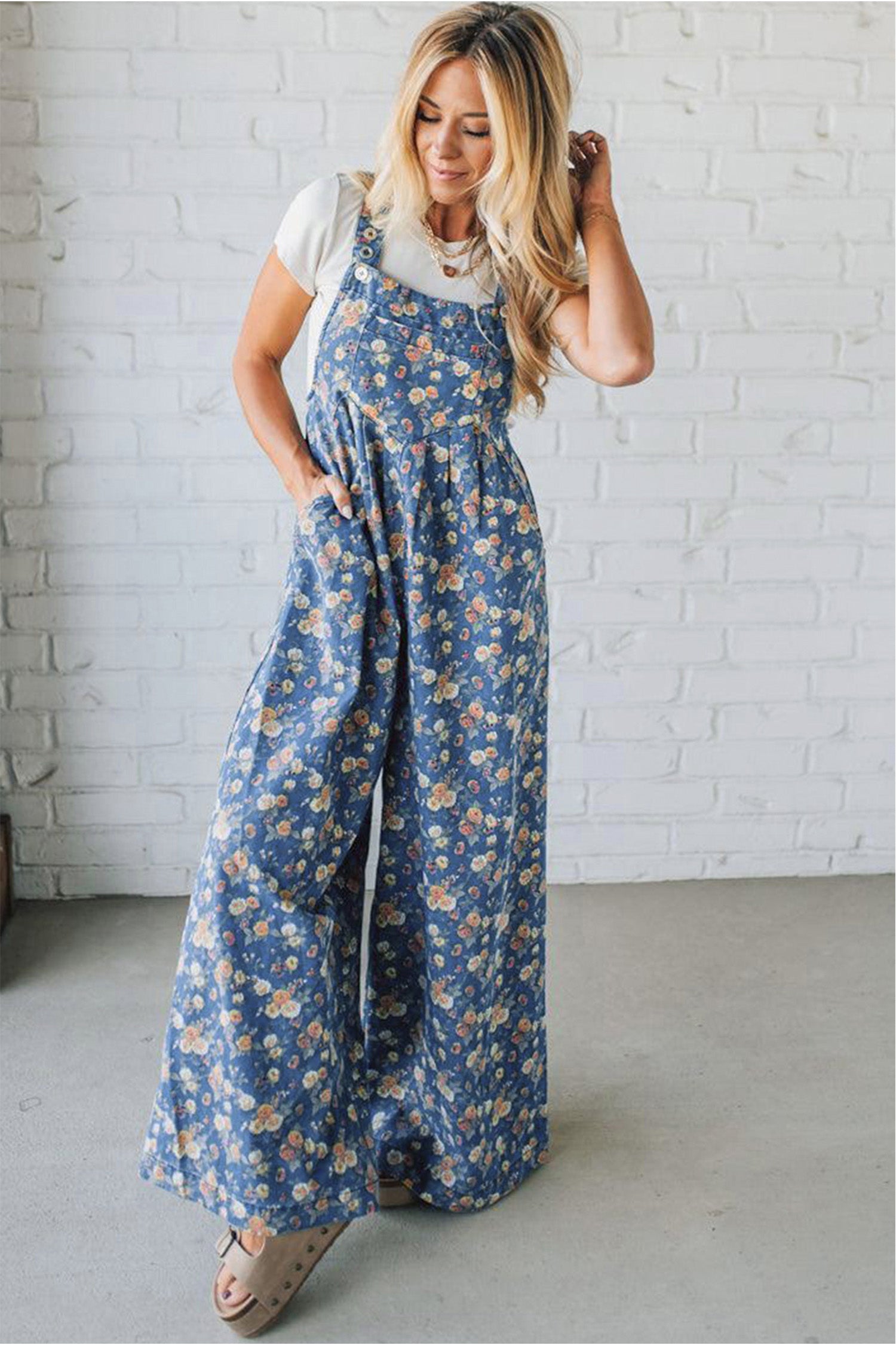 Blue Vintage Rose Printed Pleated Loose Denim Overall Jumpsuit