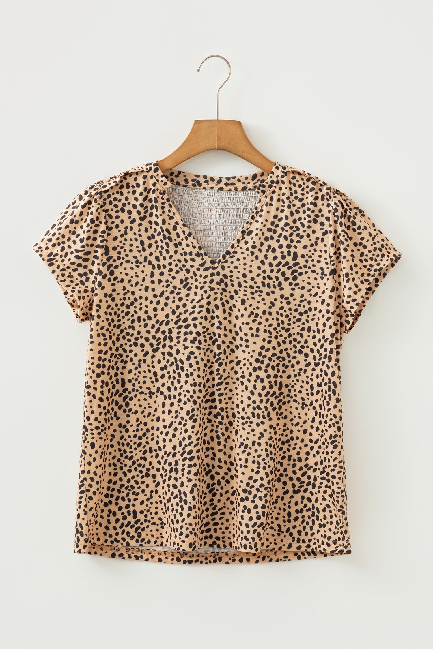 Apricot Cheeath Print Frilled V Neck Shirred Detail Short Sleeve Blouse
