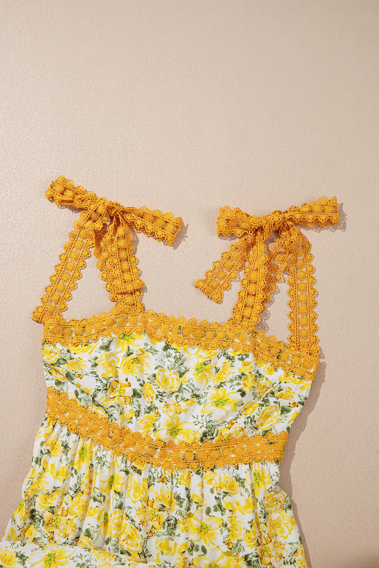 Banana Cream Floral Lace Tied Strap Empire Waist Maxi Dress