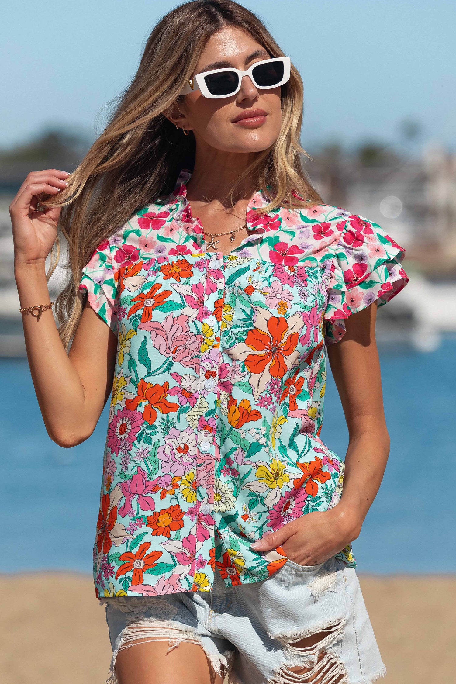 Sky Blue Floral Print Split Neck Button Front Flutter Sleeve Blouse