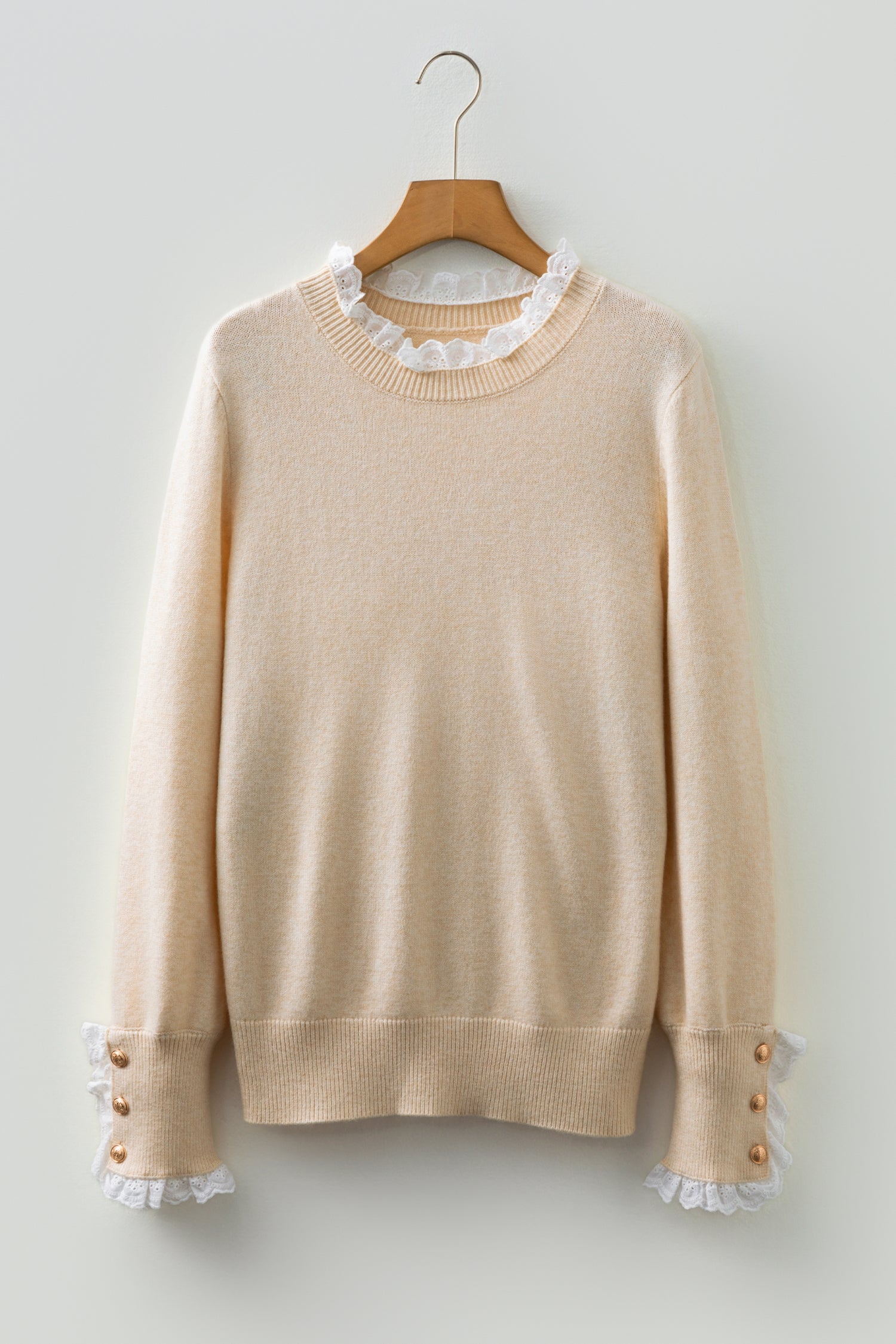 Sleet Lace Trim Patchwork Buttoned Cuffs Loose Sweater