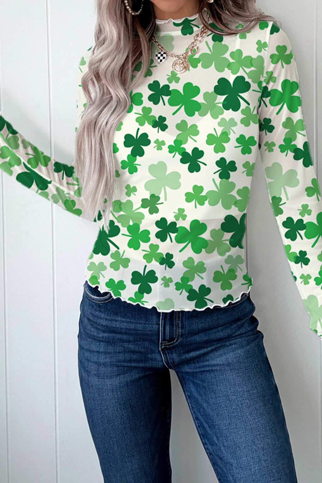 Green Lucky Shamrock Lettuce Trim High Neck Mesh Long Sleeve Top