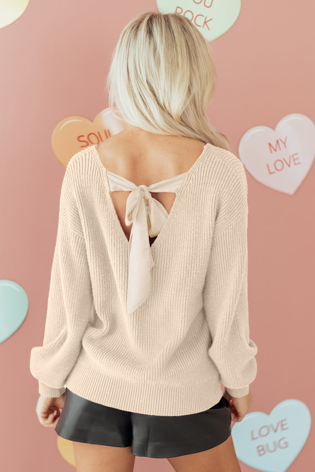 Jet Stream Ribbed Knit Ribbon Knot Backless Drop Shoulder Sweater