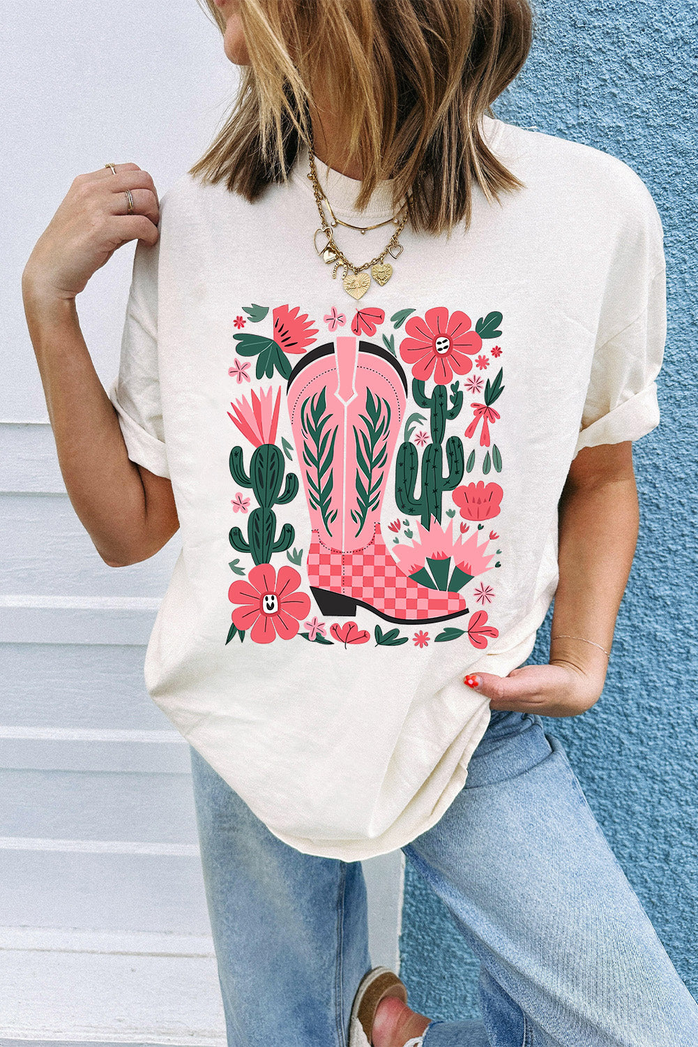 White Western Boots Flower Print Round Neck T Shirt
