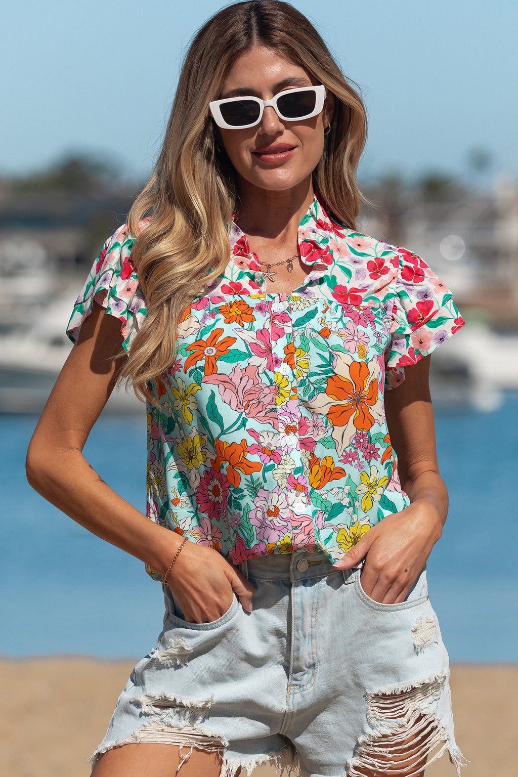 Sky Blue Floral Print Split Neck Button Front Flutter Sleeve Blouse