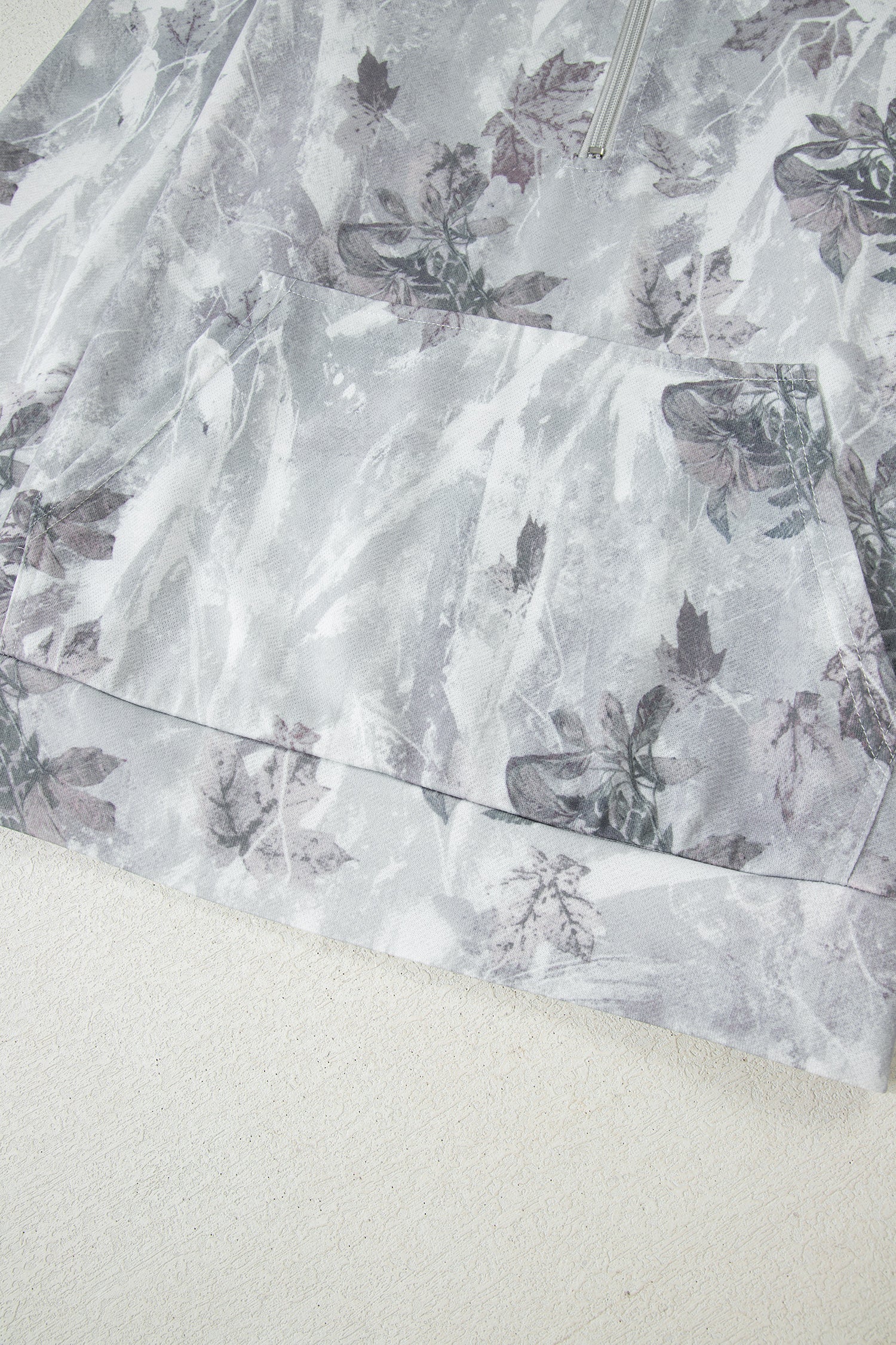 Gray Camo Leaf Print Kangaroo Pocket Quarter Zip Hoodie