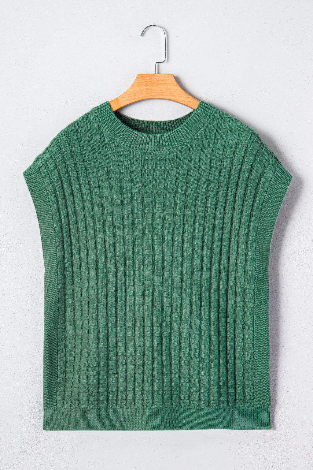Mist Green Solid Color Round Neck Textured Short Sleeve Sweater