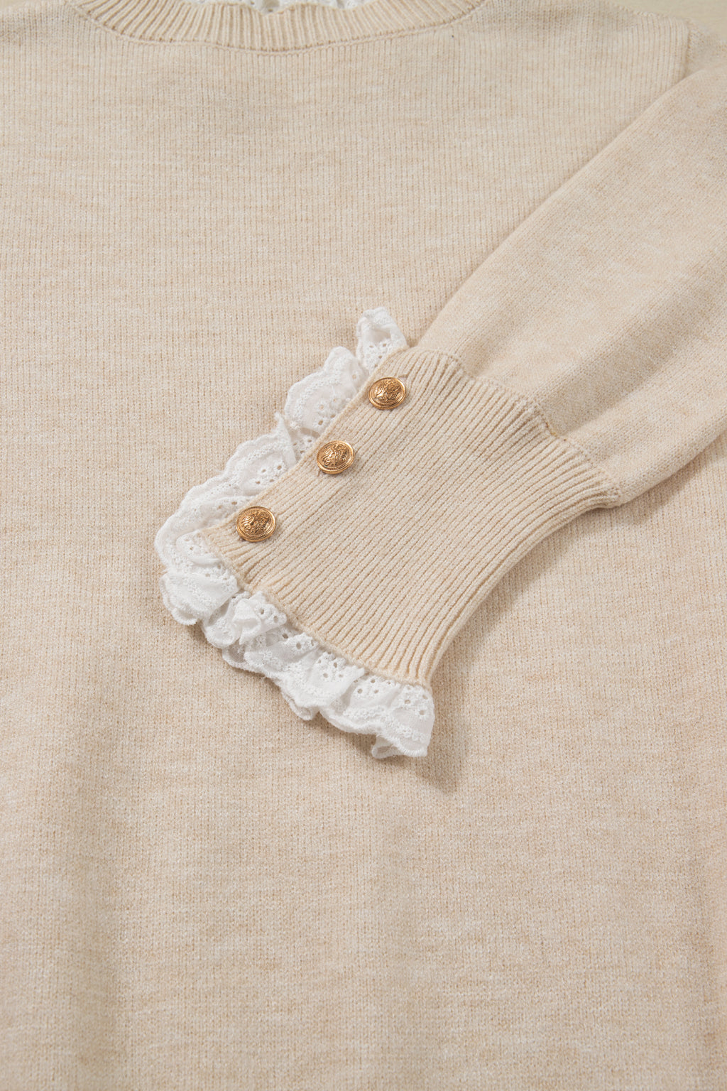 Sleet Lace Trim Patchwork Buttoned Cuffs Loose Sweater
