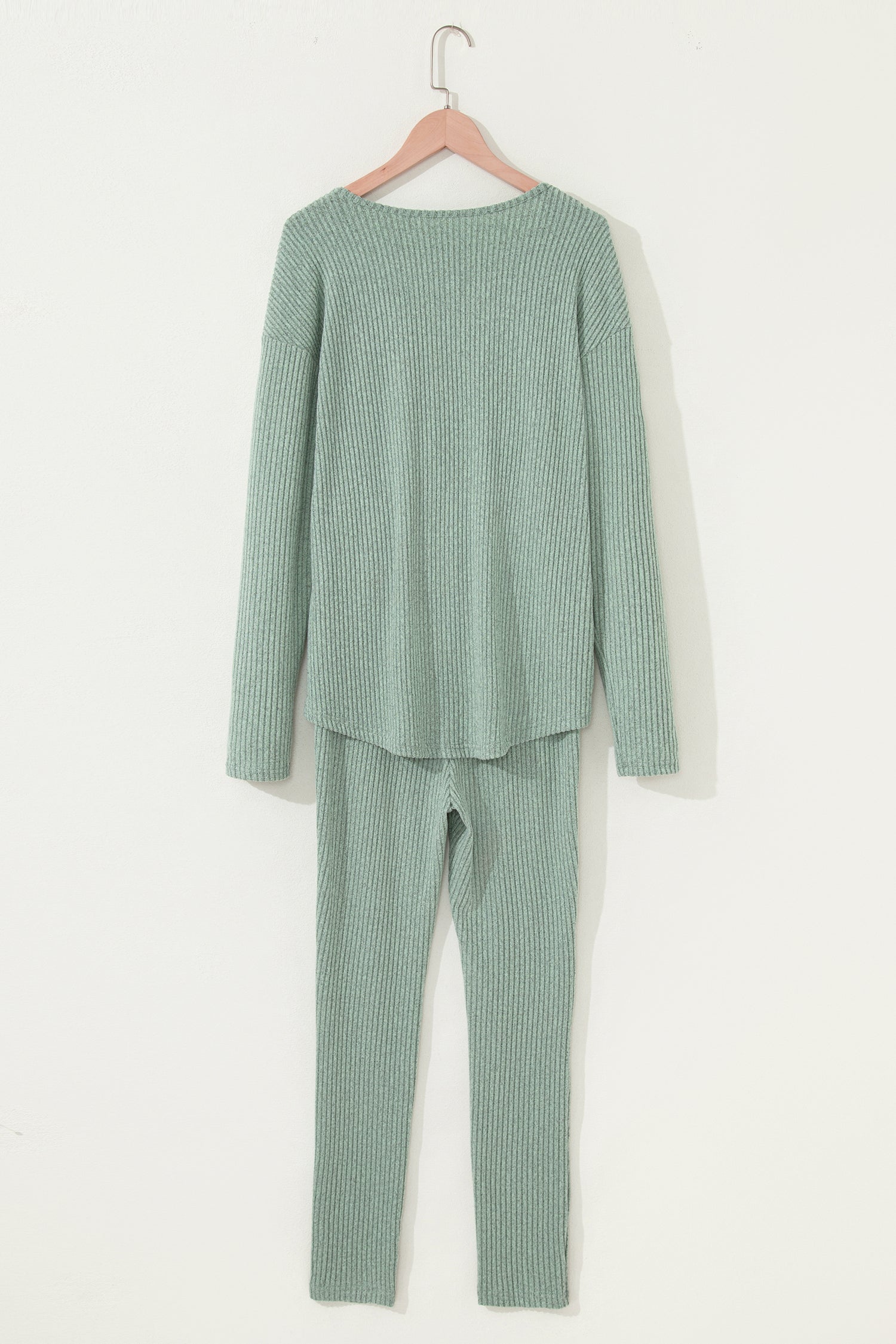 Racing Red Ribbed Notched Neck Knit Long Sleeve Leggings Two Pieces Lounge Set