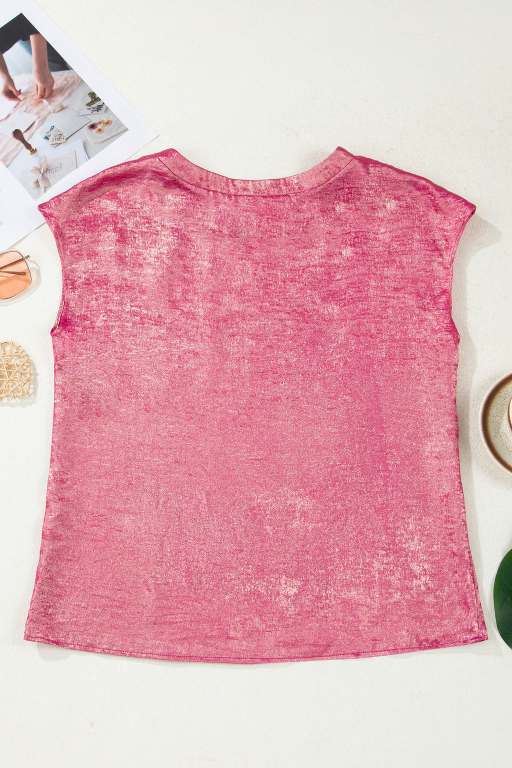 Bright Pink Metallic Round Neck Cap Sleeve Tee